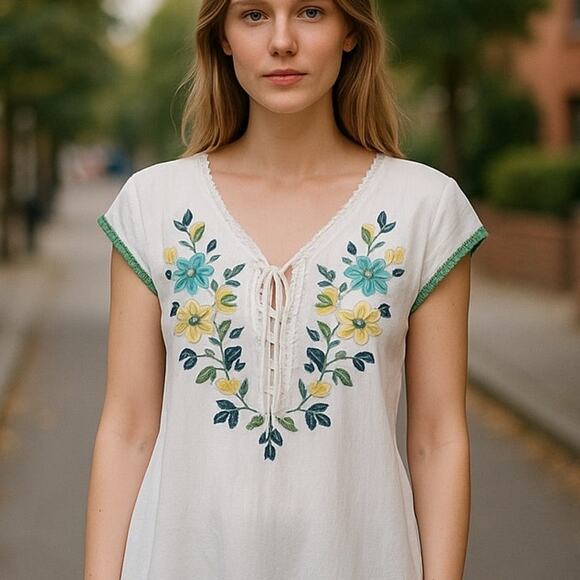 Nick & Mo Dresses & Skirts - NICK & MO Bohemian White Cotton Embroidered Boho Summer Dress ~ Women's LARGE